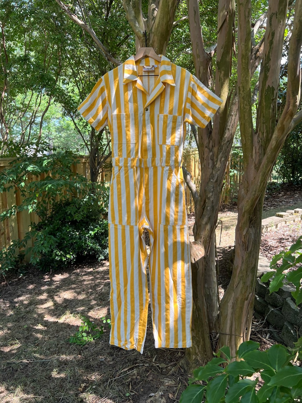 Big Bud Press Golden Yellow Stripe Short Sleeve Jumpsuit Size L - Picture 2 of 9